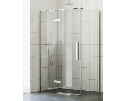 Sprchovací kút so sklenenými dverami a batériou v kúpeľni