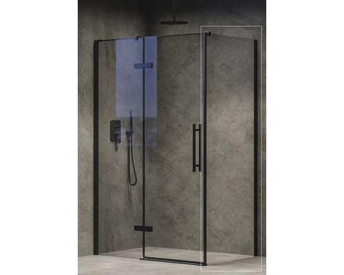 Sprchová zástena RAVAK Cool! COPS-80 black+Transparent X9VV40300Z1 Sprchovací kút s čiernym rámom a sklenenými stenami pred sivou stenou