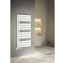 Moderná kúpeľňa s bielym radiátorom na uteráky na stene