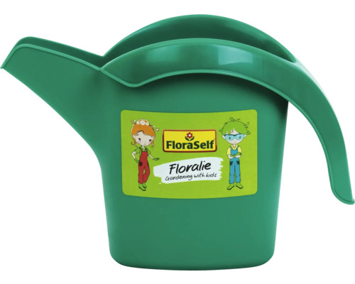 Zelená plastová kanvica na polievanie pre deti s FloraSelf Logo.