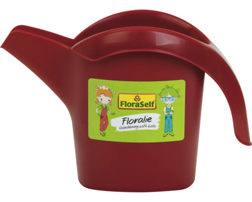 Malá červená plastová detská krhlička FloraSelf Floralie s výlevkou a rukoväťou.