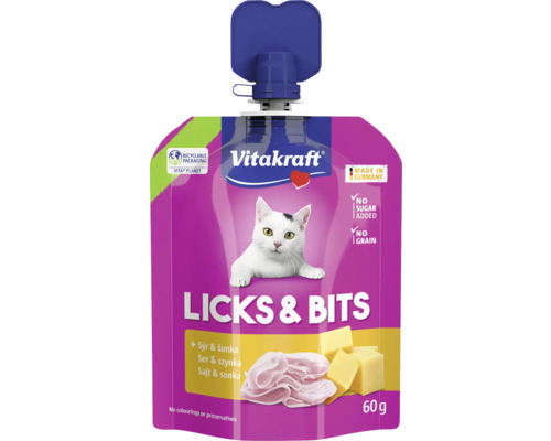 Vitakraft Licks & Bits maškrta pre mačky so syrom a šunkou v 60 gramovom vrecúšku
