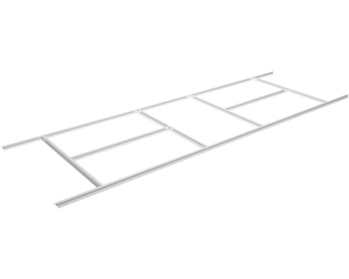 Kovový podlahový rám pre záhradné domčeky, obdĺžniková konštrukcia s priečnymi výstuhami pre stabilitu.