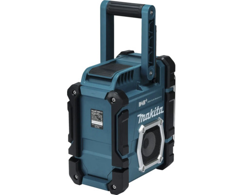 Stavebné rádio Makita DMR112 s Digital Audio Broadcasting plus, Bluetooth, rukoväťou a Makita Logo.