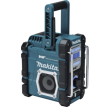 Stavebné rádio Makita s Digital Audio Broadcasting Plus, Bluetooth, rukoväťou, ochrannými lištami a digitálnym displejom.