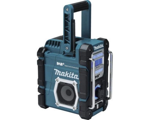 Stavebné rádio Makita s Digital Audio Broadcasting Plus, Bluetooth, rukoväťou, ochrannými lištami a digitálnym displejom.