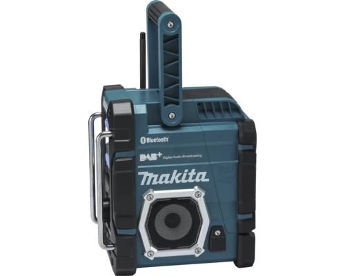 Stavebné rádio Makita s Bluetooth, DAB+ Digital Audio Broadcasting, robustným krytom a rukoväťou.