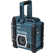 Stavebné rádio Makita s Digital Audio Broadcasting Plus, Bluetooth a technológiou LXT alebo CXT, robustný kryt s rukoväťou.