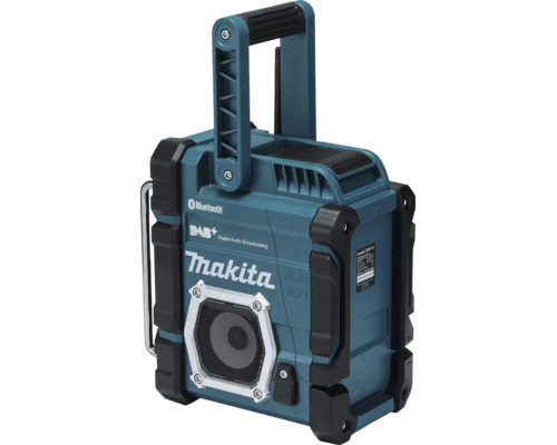 Stavebné rádio Makita s Digital Audio Broadcasting Plus, Bluetooth a technológiou LXT alebo CXT, robustný kryt s rukoväťou.