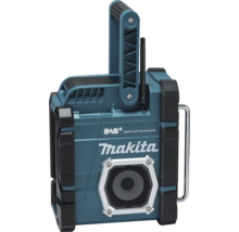 Stavebné rádio Makita s Makita Logo, DAB plus Digital Audio Broadcasting, rukoväťou a ochranou krytu.