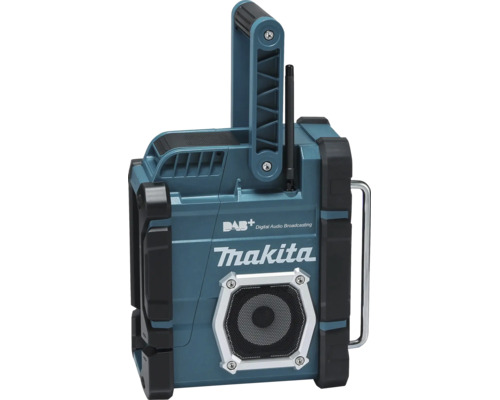 Stavebné rádio Makita s Makita Logo, DAB plus Digital Audio Broadcasting, rukoväťou a ochranou krytu.
