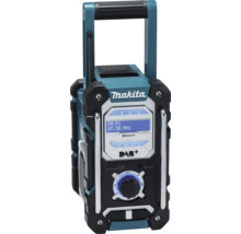 Stavebné rádio Makita s Bluetooth, DAB plus, FM, digitálnym displejom, rukoväťou a robustným krytom.