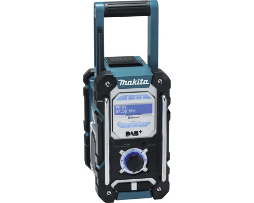Stavebné rádio Makita s Bluetooth, DAB plus, FM, digitálnym displejom, rukoväťou a robustným krytom.