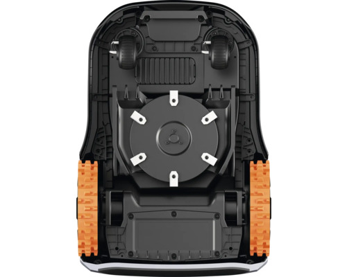 Spodná strana robotickej kosačky s žacím ústrojenstvom a kolesami