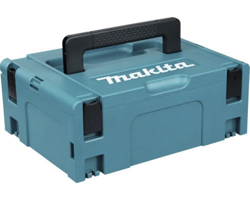 Systémový kufor Makita Makpac z plastu s rukoväťou a uzatváracími sponami.