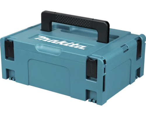 Systémový kufor Makita MAKPAC z plastu s čiernou rukoväťou a zacvakávacími uzávermi.