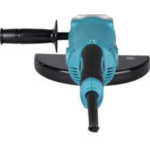 Uhlová brúska s bočnou rukoväťou a ochranným krytom, modré telo s čiernymi prvkami.