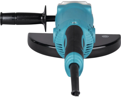 Uhlová brúska s bočnou rukoväťou a ochranným krytom, modré telo s čiernymi prvkami.