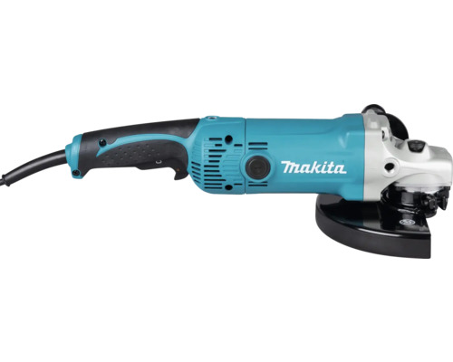Uhlová brúska Makita s tyrkysovým telom, čiernou rukoväťou a striebornou kovovou hlavou.
