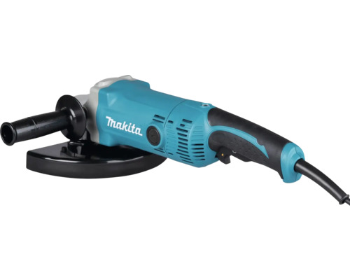 Uhlová brúska Makita s bočnou rukoväťou a ochranným krytom.