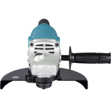 Uhlová brúska v tyrkysovej a striebornej farbe s bočnou rukoväťou a ochranným krytom.