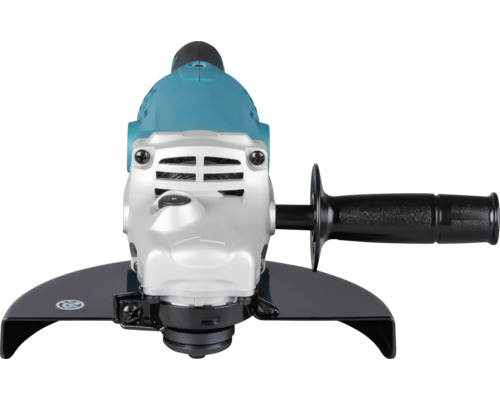 Uhlová brúska v tyrkysovej a striebornej farbe s bočnou rukoväťou a ochranným krytom.