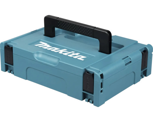 Kufrík Makita MAKPAC s Makita Logo, čiernou rukoväťou a štyrmi uzávermi na ukladanie a prepravu náradia.