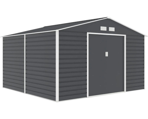 Kovový záhradný domček so sedlovou strechou, posuvnými dverami a vetracími otvormi.