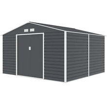 Kovový záhradný domček antracitový s bielym rámom, sedlovou strechou, dvojitými posuvnými dverami a vetracími otvormi.