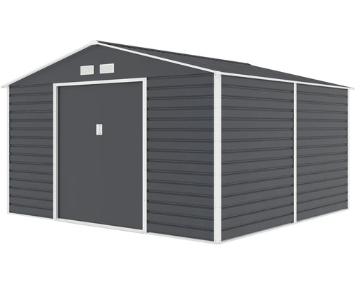 Kovový záhradný domček antracitový s bielym rámom, sedlovou strechou, dvojitými posuvnými dverami a vetracími otvormi.