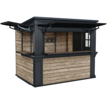 Predajný stánok z dreva s policami a otváracou strechou