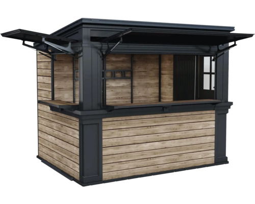 Predajný stánok z dreva s policami a otváracou strechou