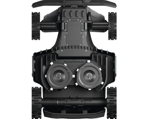 Spodná strana robotickej kosačky MowMentum s reznými nástrojmi a pásovým pohonom