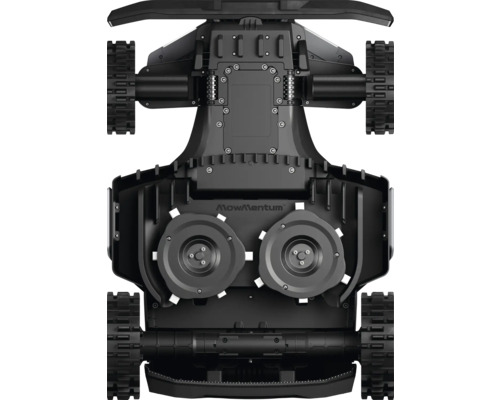 Spodná strana robotickej kosačky MowMentum s kolesami a nožmi