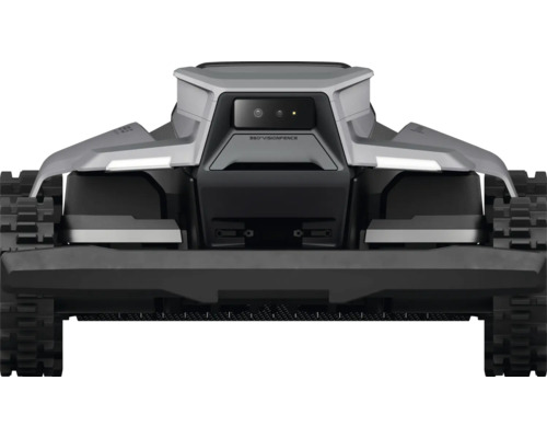 Pohľad zozadu na robotickú kosačku s pásovým pohonom