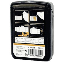 Zadná strana obalu 20-metrovej tesniacej šnúry na závity s ilustrovaným návodom na použitie na potrubné závity a tabuľkou veľkostí.