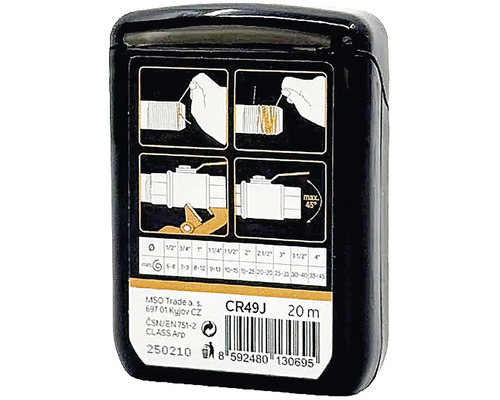 Zadná strana obalu 20-metrovej tesniacej šnúry na závity s ilustrovaným návodom na použitie na potrubné závity a tabuľkou veľkostí.