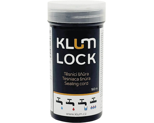 Tesniaca šnúra KLUM LOCK 160 metrov v plastovej dóze na studenú vodu, teplú vodu, pitnú vodu a plyn, KLUM LOCK Logo.