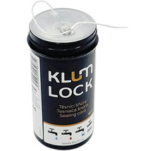 Tesniaca šnúra na závity KLUM LOCK v plastovej dóze s odrezávačom pre inštalatérske práce.