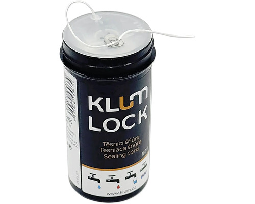 Tesniaca šnúra na závity KLUM LOCK v plastovej dóze s odrezávačom pre inštalatérske práce.