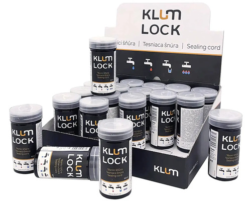 Tesniaca šnúra KLUM LOCK v predajnom displeji, vhodná pre pitnú vodu, plyn, studenú vodu a teplú vodu.