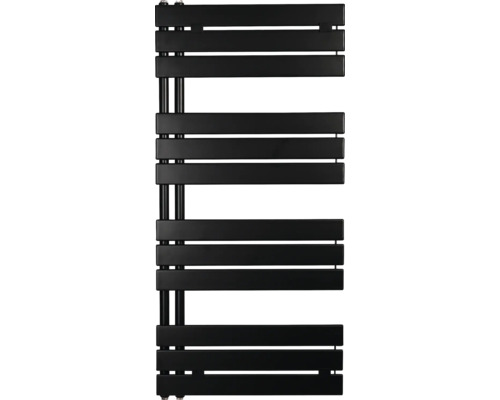 Čierny kúpeľňový radiátor s asymetrickými plochými priečkami na jednoduché zavesenie uterákov.