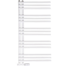 Biely kúpeľňový radiátor s vodorovnými rúrkami otvorenými na jednej strane a termostatom vľavo dole.