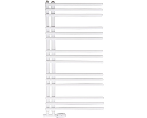 Biely kúpeľňový radiátor s vodorovnými rúrkami otvorenými na jednej strane a termostatom vľavo dole.