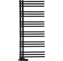 Čierny kúpeľňový radiátor v tvare rebríka s bočne otvorenými okrúhlymi rúrkami.