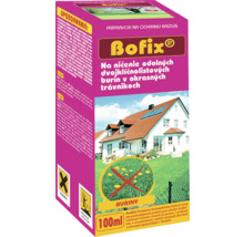 Bofix prípravok na ochranu rastlín proti odolným burinám v trávnikoch, 100 mililitrov balenie s ilustráciou domu a záhrady a symbolmi nebezpečenstva.