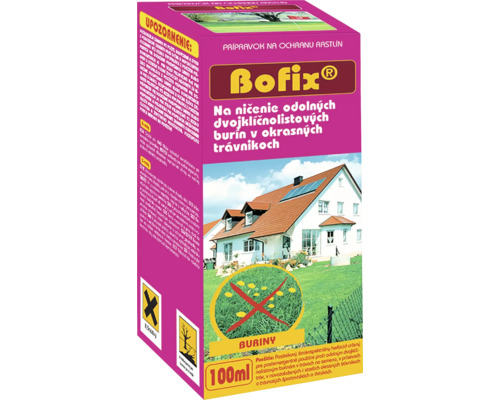 Bofix prípravok na ochranu rastlín proti odolným burinám v trávnikoch, 100 mililitrov balenie s ilustráciou domu a záhrady a symbolmi nebezpečenstva.