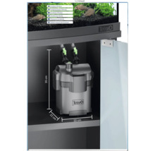 Vonkajší filter Tetra v skrinke pod akváriom, rozmery 35 centimetrov výška, 22 centimetrov šírka a 22 centimetrov hĺbka. Vynikajúca filtrácia.