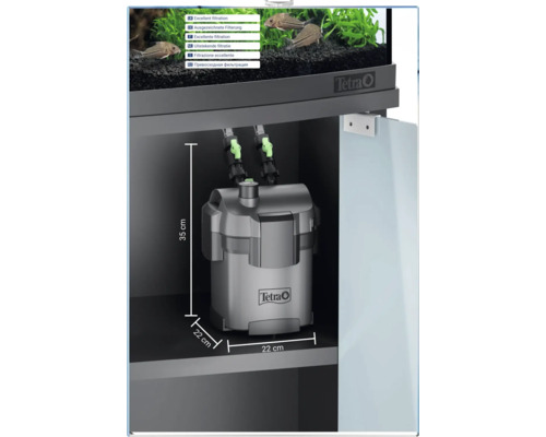 Vonkajší filter Tetra v skrinke pod akváriom, rozmery 35 centimetrov výška, 22 centimetrov šírka a 22 centimetrov hĺbka. Vynikajúca filtrácia.