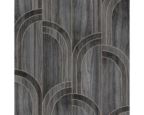 Vliesová tapeta so vzhľadom dreva, tmavá kresba dreva s geometrickým vzorom Art Deco zo zlatých oblúkov a línií.